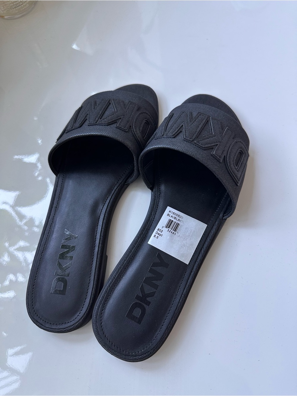 DKNY Black Embossed Logo Slide Sandals